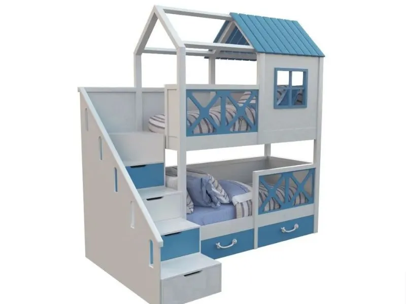 litera infantil madera natural con azul casita