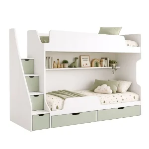 litera nubella blanco y verde con escalera y cajones