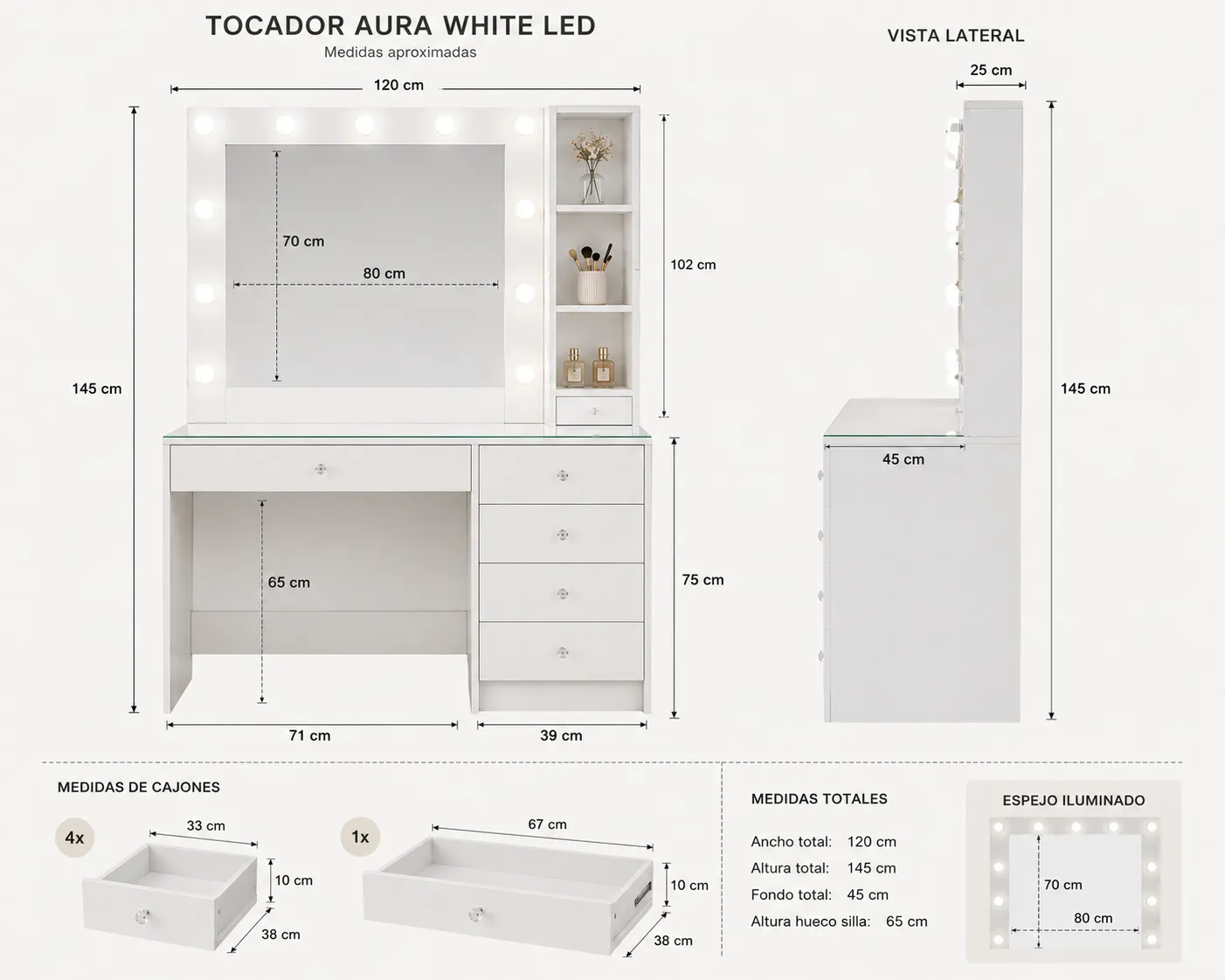 Tocador aura led blanco medidas